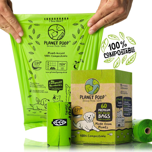 Eco-Friendly Home Compostable Dog Poop Bags - 60 Thick, Leakproof, Unscented Rolls - Plant-Based Pet Waste Solution